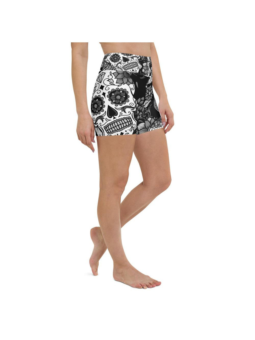 Womens Yoga Shorts Black & White Sugar Skull | Gearbunch.com