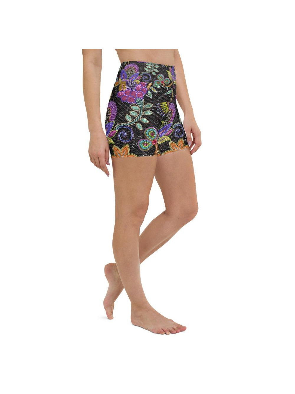 Womens Yoga Shorts Faux Paillette Flower Grey/Green | Gearbunch.com