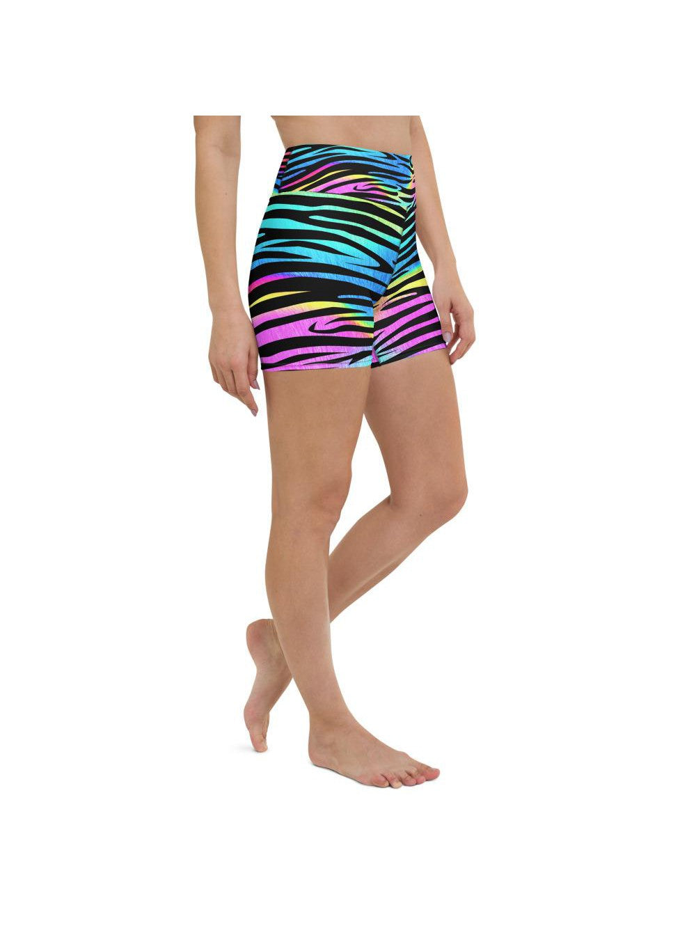 Womens Yoga Shorts Colorful Zebra Striped Rainbow | Gearbunch.com