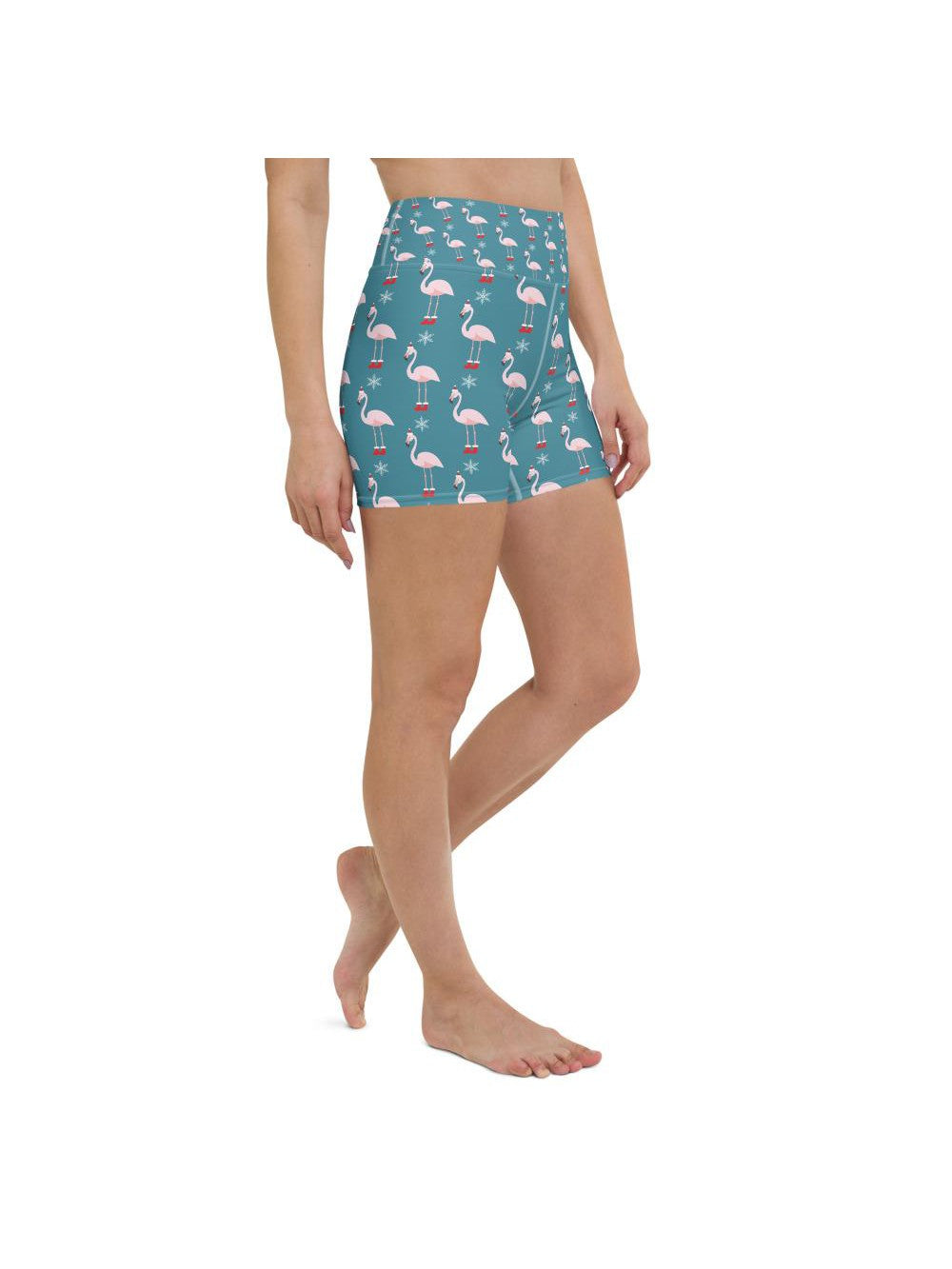 Womens Yoga Shorts Christmas Flamingo Patterned Teal | Gearbunch.com