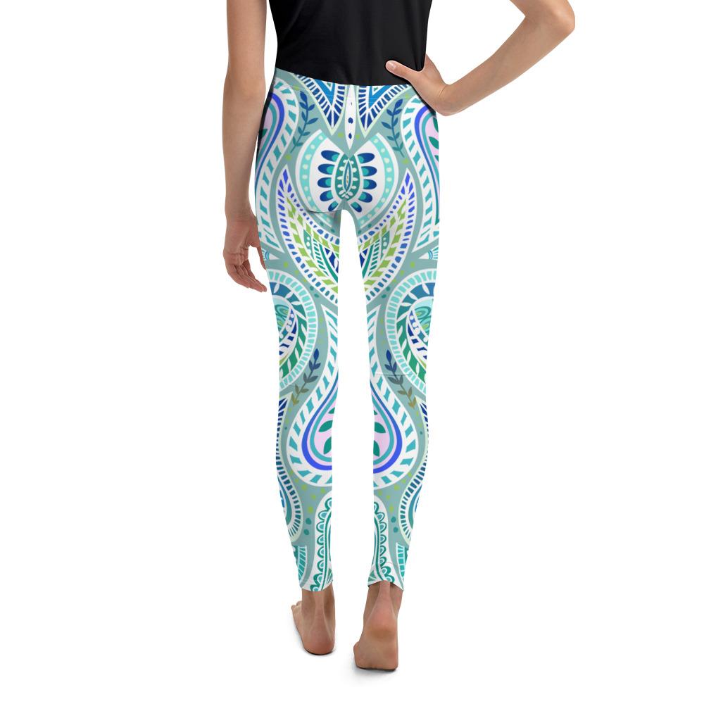 Blue and Green Paisley Youth Leggings Gearbunch