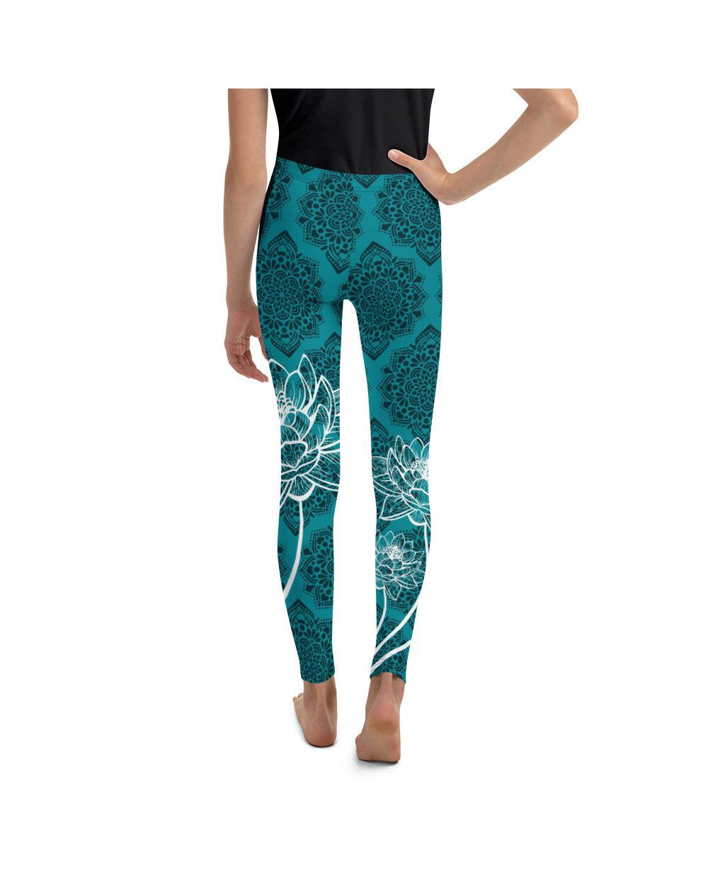 Youth Cyan Blue Lotus Leggings Blue/Black/White | Gearbunch.com