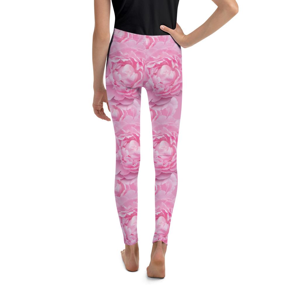 Youth Peony Flower Leggings Pink/White | Gearbunch.com