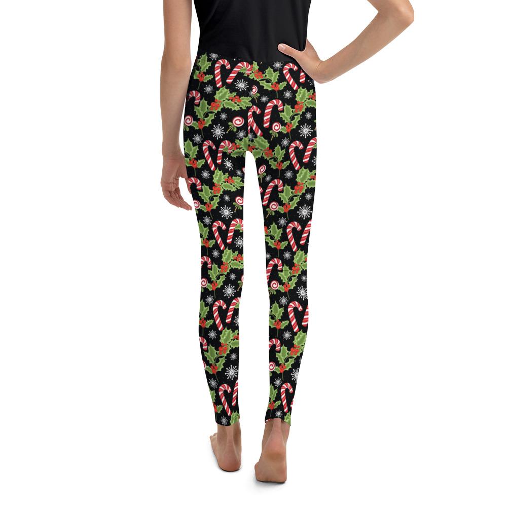 Youth Holly Leaves with Berries Leggings Black/Red | Gearbunch.com