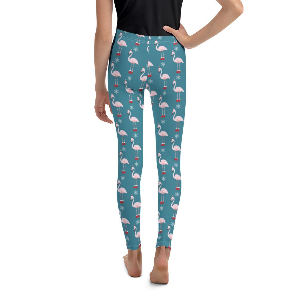 Youth Christmas Flamingo Patterned Leggings Teal/White | Gearbunch.com