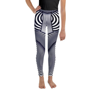 Youth Optical Illusion Stripes Leggings Blue/White/Navy | Gearbunch.com