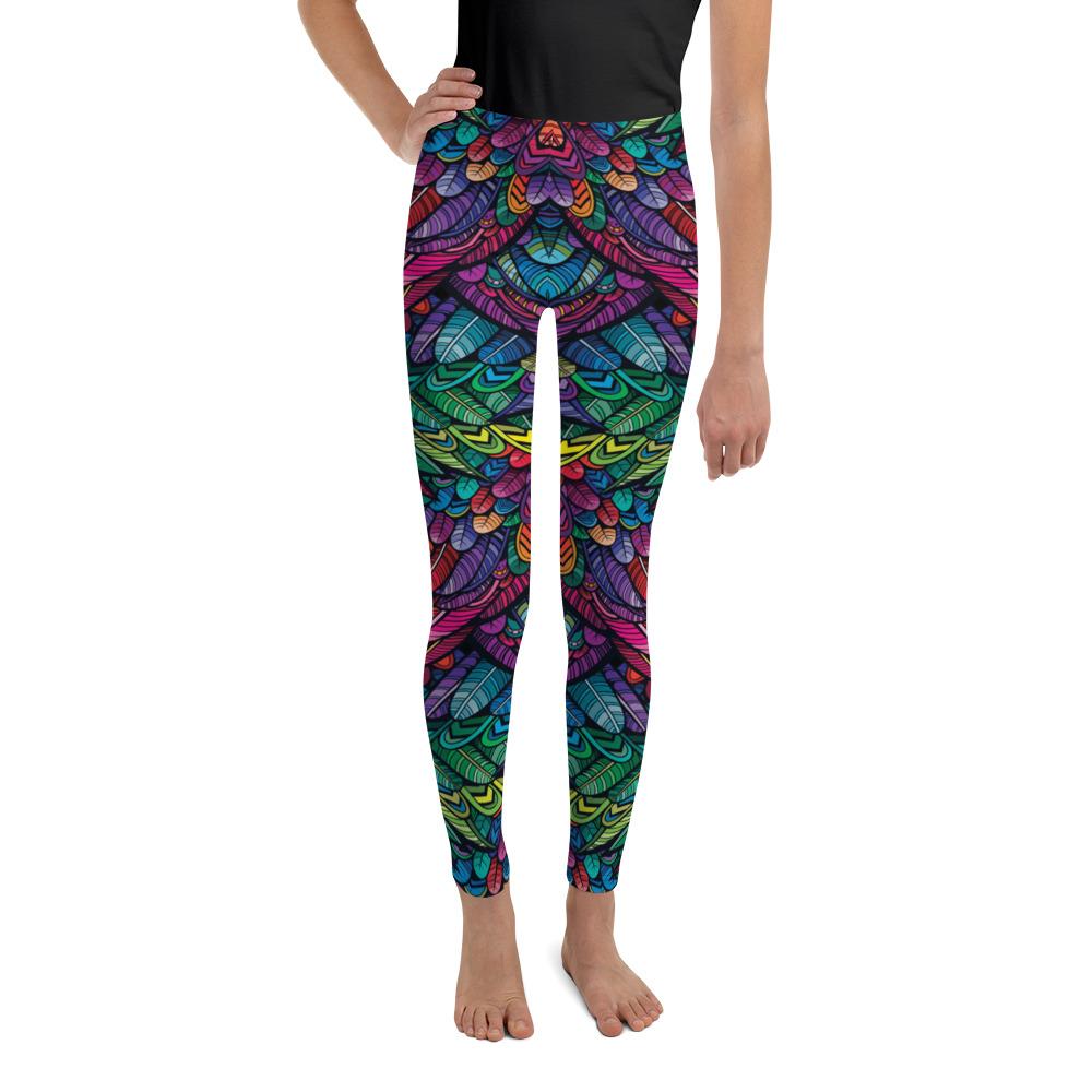 Youth Colorful Feathers Leggings Green/Blue/Purple | Gearbunch.com