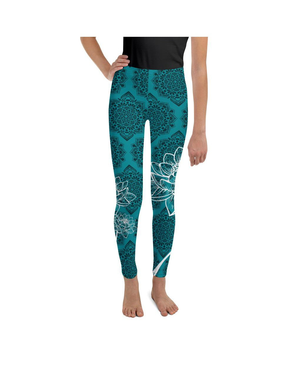 Youth Cyan Blue Lotus Leggings Blue/Black/White | Gearbunch.com