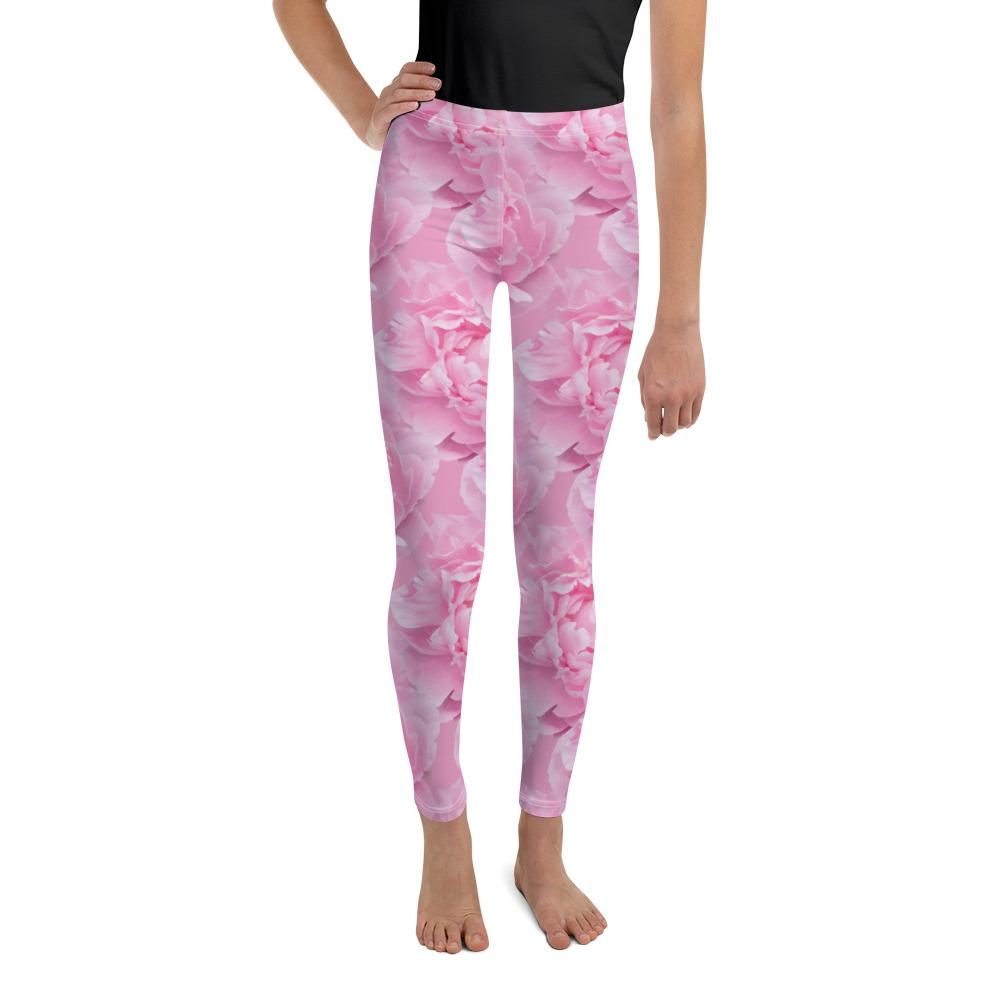 Youth Peony Flower Leggings Pink/White | Gearbunch.com