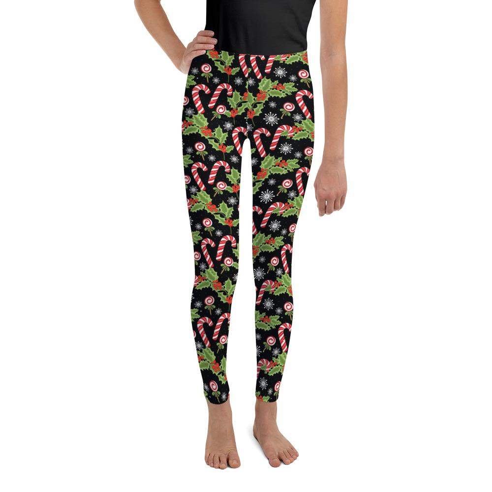 Youth Holly Leaves with Berries Leggings Black/Red | Gearbunch.com