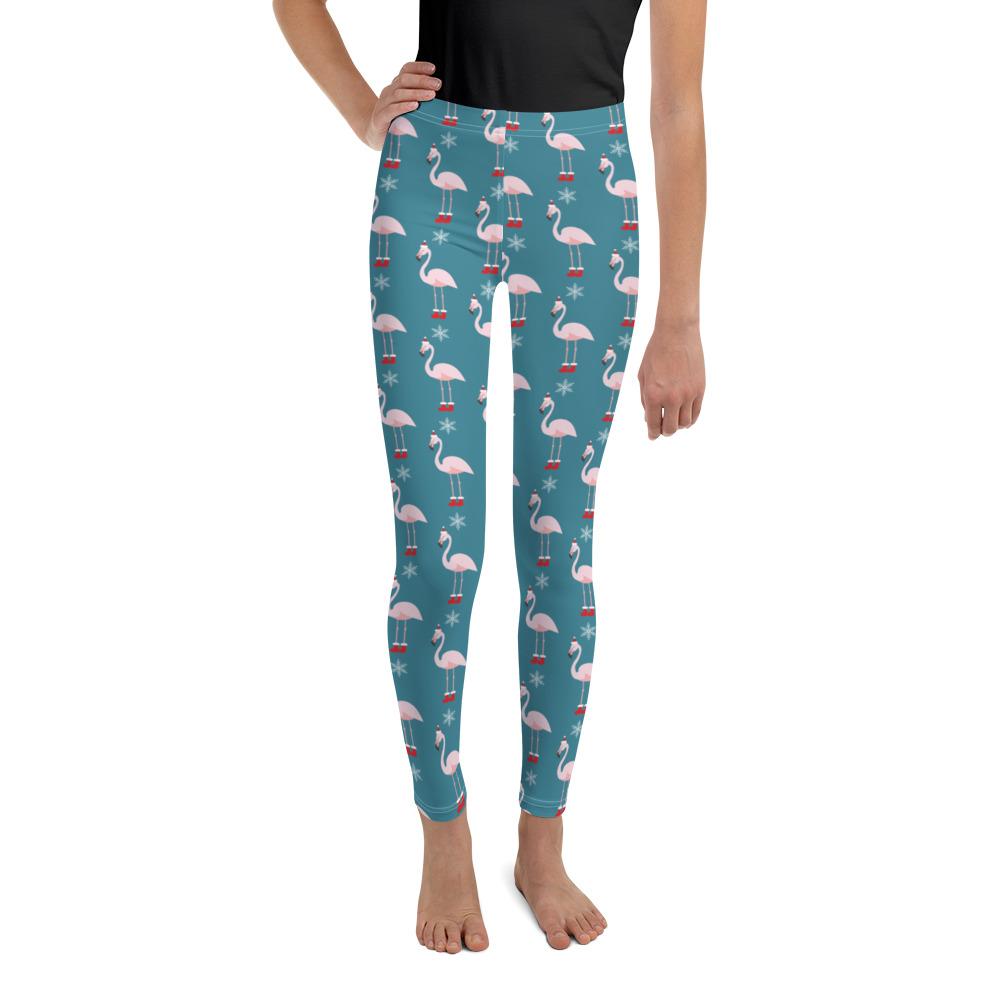 Youth Christmas Flamingo Patterned Leggings Teal/White | Gearbunch.com