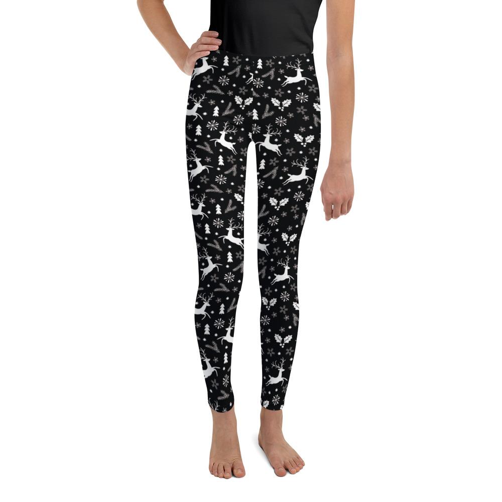 Youth Black Reindeer Christmas Leggings White/Grey | Gearbunch.com