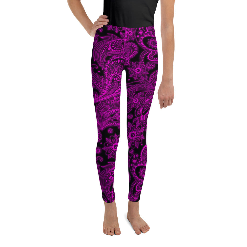 Youth Pink Glowing Floral Leggings Black/Pink | Gearbunch.com