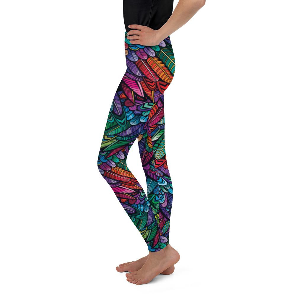 Youth Colorful Feathers Leggings Green/Blue/Purple | Gearbunch.com