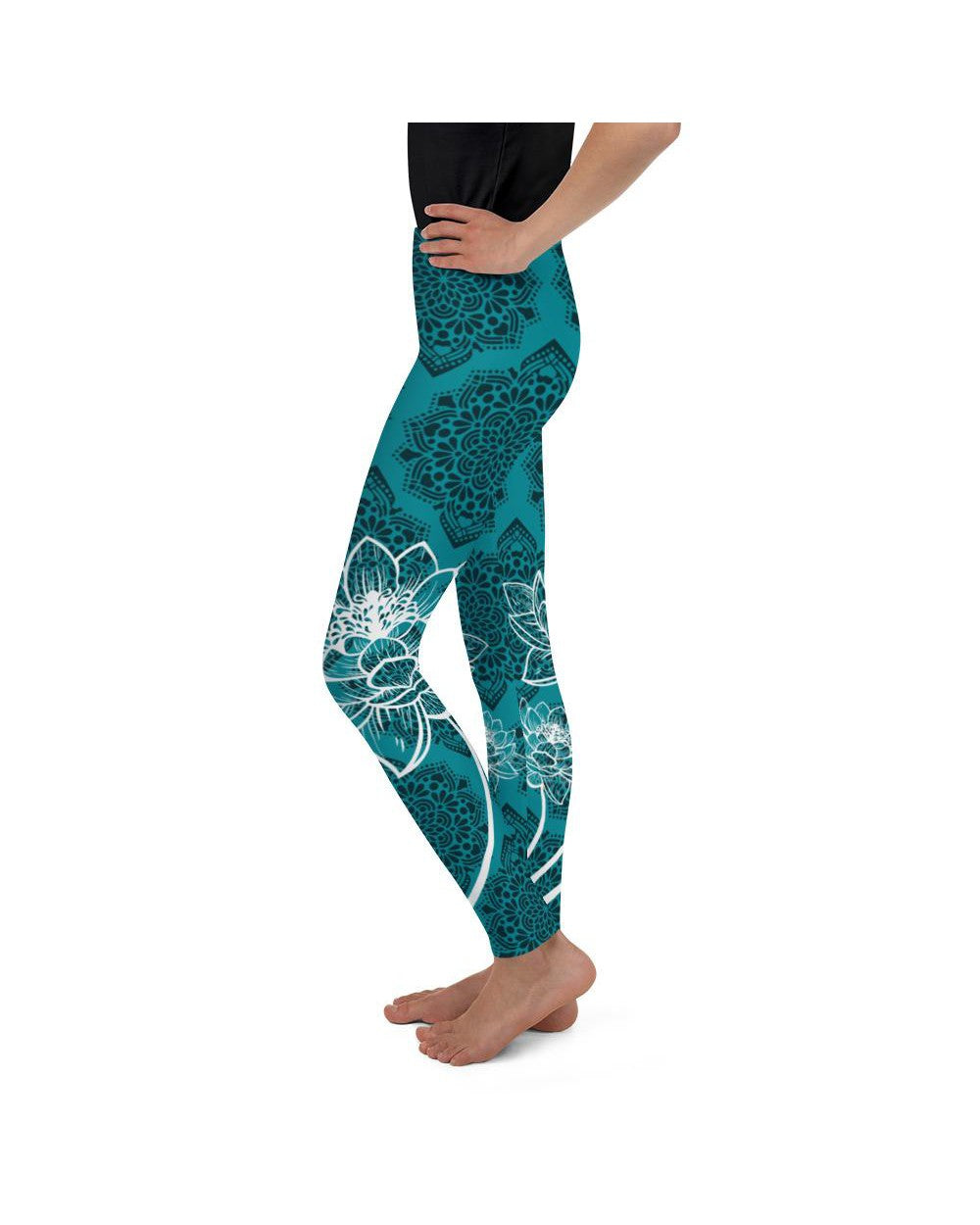 Youth Cyan Blue Lotus Leggings Blue/Black/White | Gearbunch.com