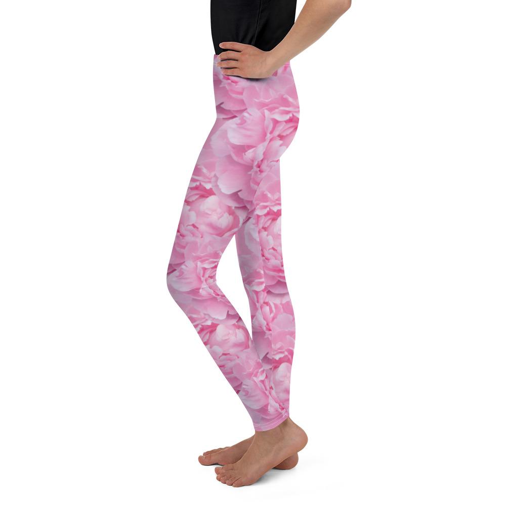 Youth Peony Flower Leggings Pink/White | Gearbunch.com