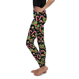 Youth Holly Leaves with Berries Leggings Black/Red | Gearbunch.com