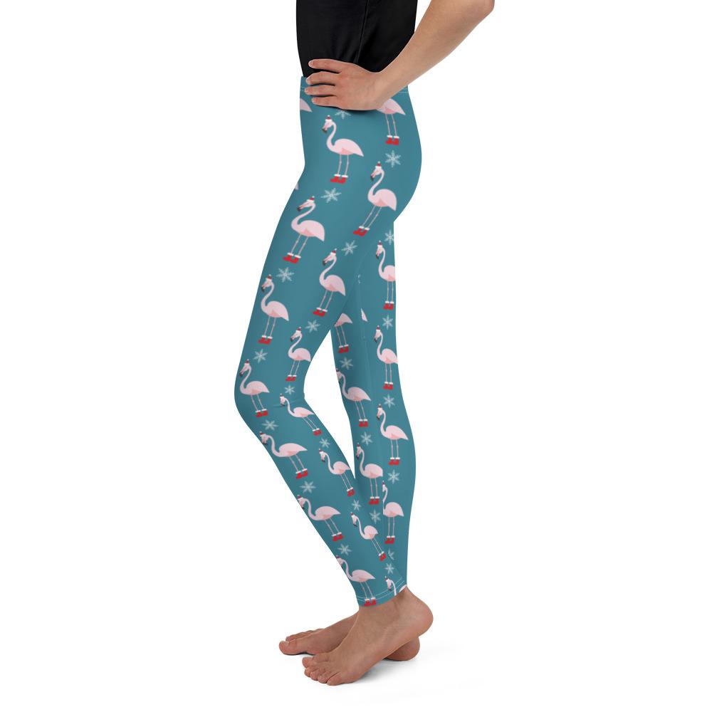 Youth Christmas Flamingo Patterned Leggings Teal/White | Gearbunch.com