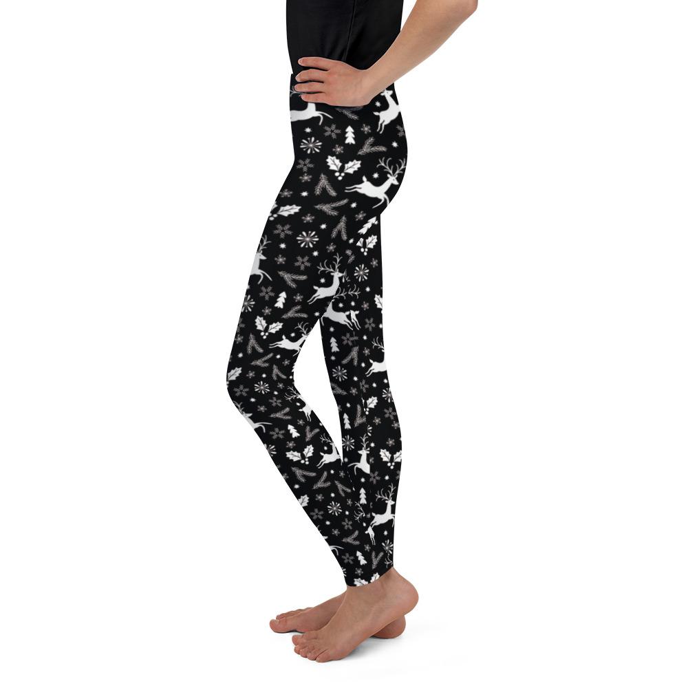 Youth Black Reindeer Christmas Leggings White/Grey | Gearbunch.com