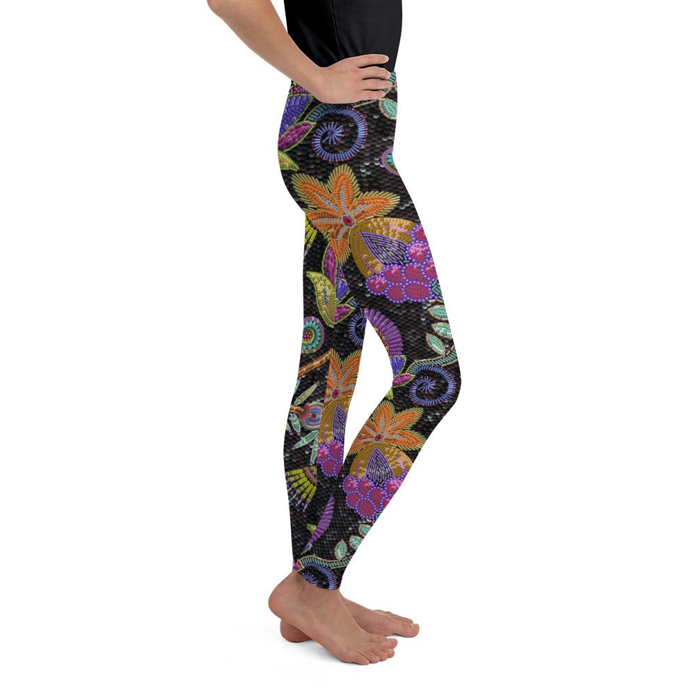 Youth Faux Paillette Flower Leggings Grey/Green/Orange | Gearbunch.com