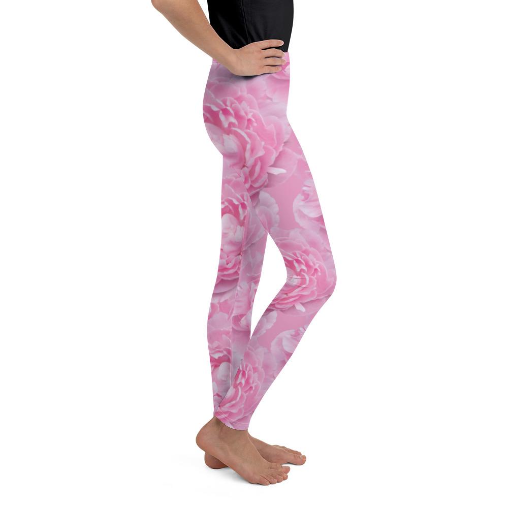 Youth Peony Flower Leggings Pink/White | Gearbunch.com