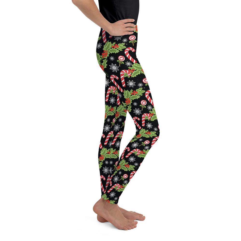 Youth Holly Leaves with Berries Leggings Black/Red | Gearbunch.com