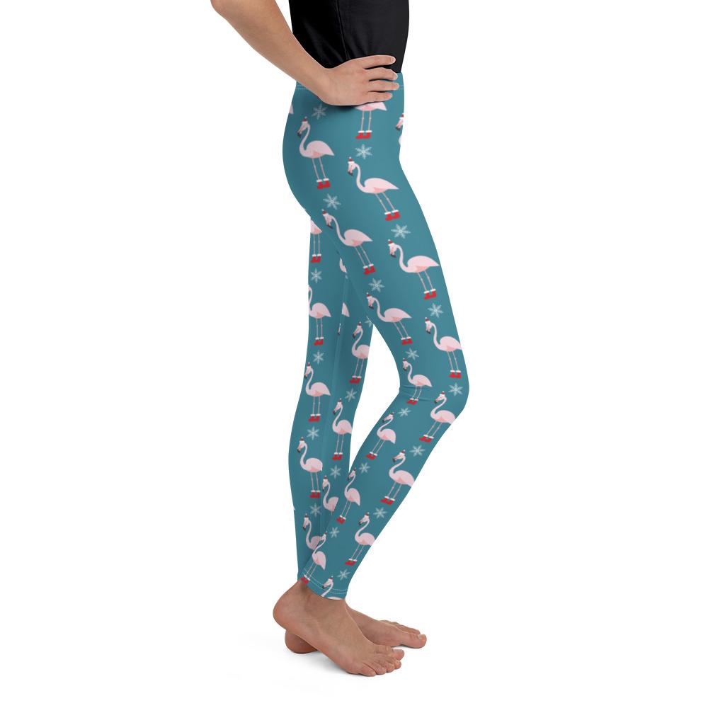 Youth Christmas Flamingo Patterned Leggings Teal/White | Gearbunch.com