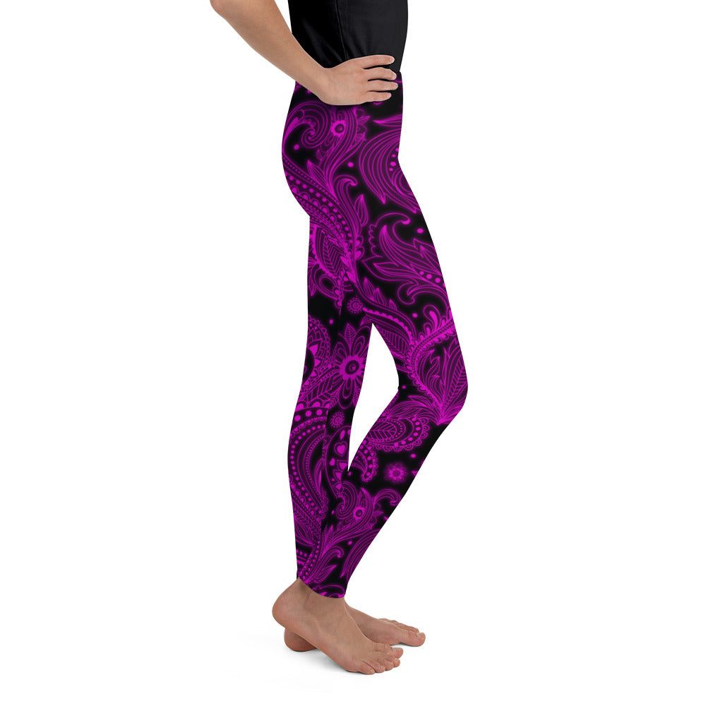 Youth Pink Glowing Floral Leggings Black/Pink | Gearbunch.com