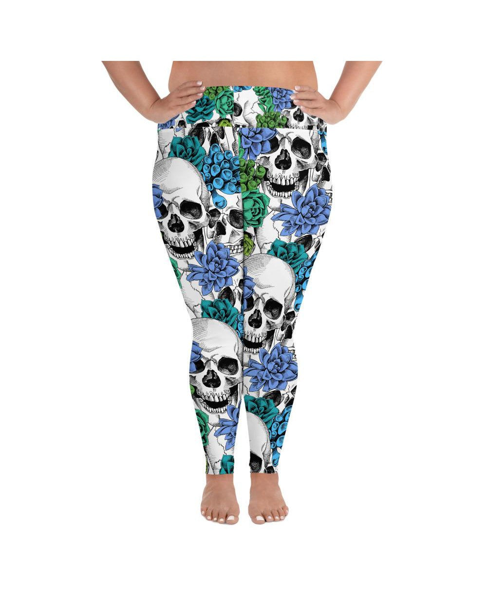 Womens Plus Size Blue Floral Skulls Leggings White | Gearbunch.com